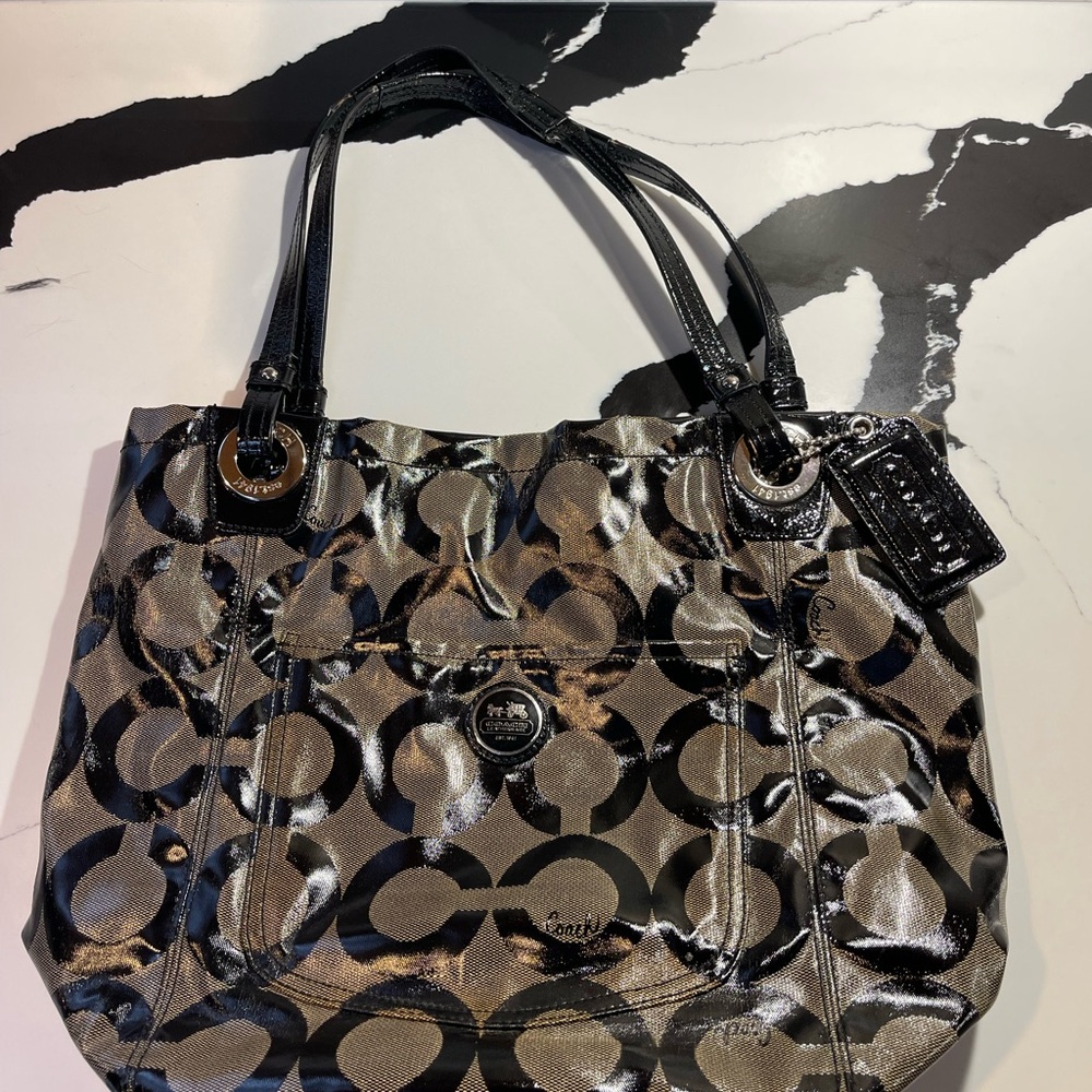 Coach Black and Silver Shoulder Bag with Signature Monogram